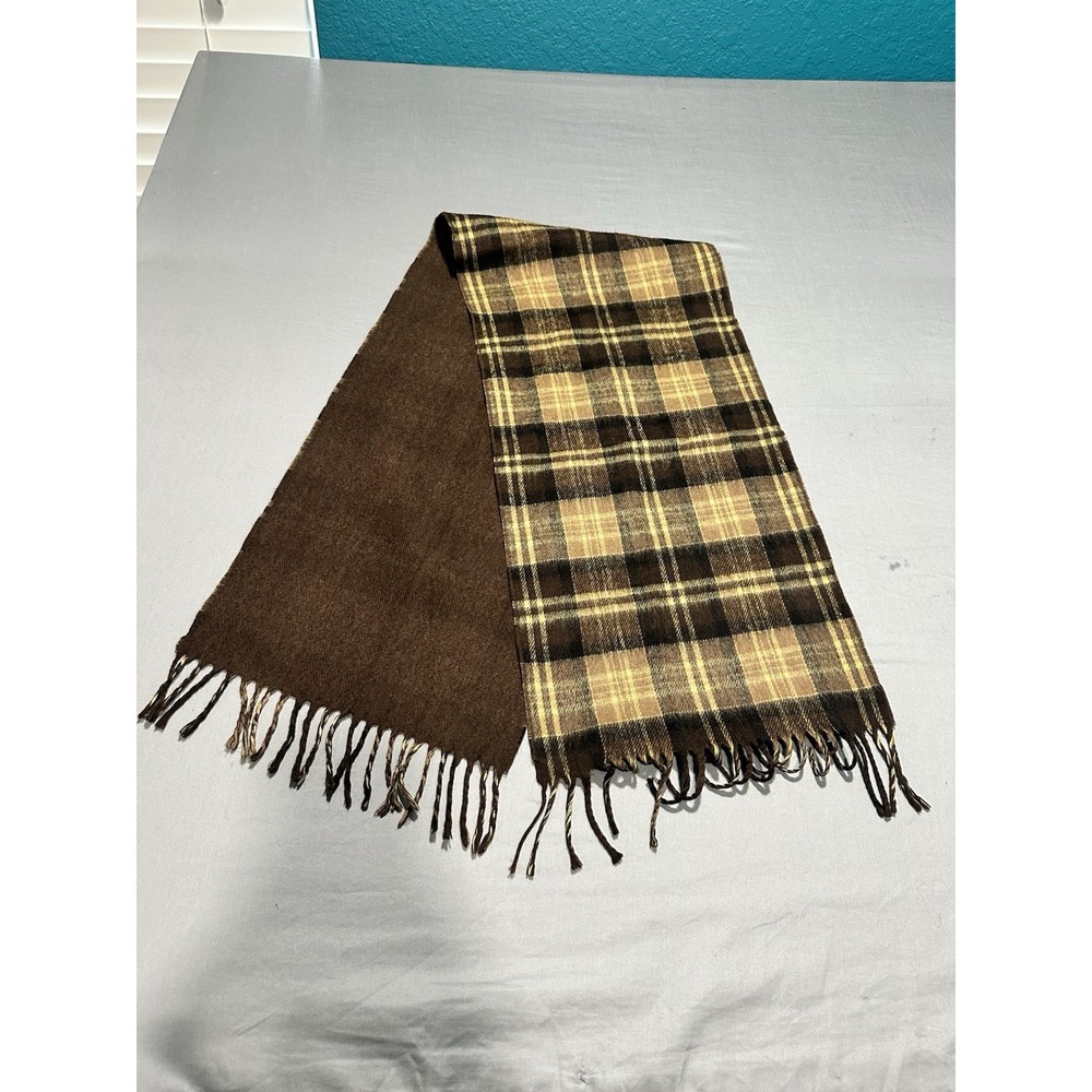 VTG 70s Brown Plaid 100% Wool Fringed Scarf